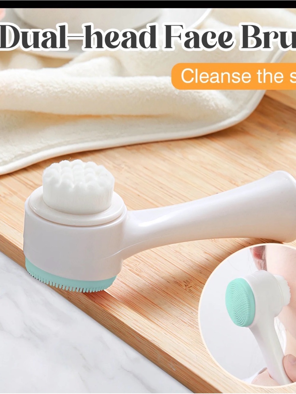 Dual-Head Facial Cleansing Brush in White & Mint
